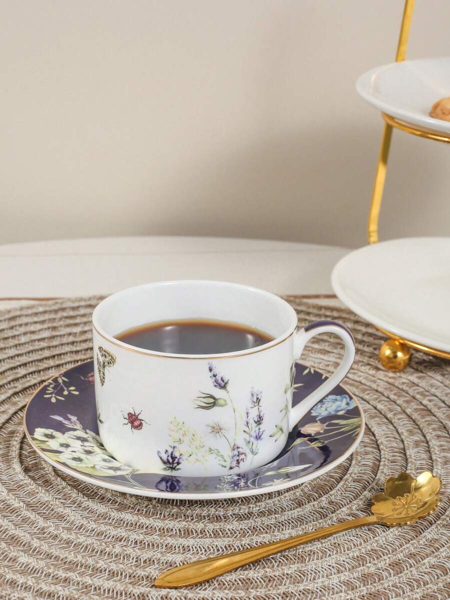 1pc Set Premium Ceramic Coffee Cup & Saucer, Straight Body White & Blue Rose Design, Suitable For Home, Club, Afternoon Tea, Coffee Cup Use, Gift - WL130 - Straight White and Blue Rose Cup and Saucer - View 1