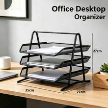 Metal Mesh File Organizer With Drawers, 3-Tier Stackable Desktop Document Rack, Black Iron Letter Storage Stand For Office & Home Desk. - Black Three-layer Folder - View 2