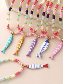 Fashionable Stainless Steel Colorful Small Fish Pendant Necklace Bohemian Style Colorful Pearl Collar Chain For Women - Multicolor - View 4
