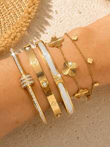 18k Gold Plated Women's Minimalist Versatile Tassel Flower Bracelet & Bangle Set, Durable Color Retention, Hypoallergenic Stainless Steel, Stackable, Suitable For Evening Parties, Street Style, Party Gatherings, Commuting, Vacation, Essential Accessory For Anniversary, Christmas, Holiday Gifts - Gold - View 2