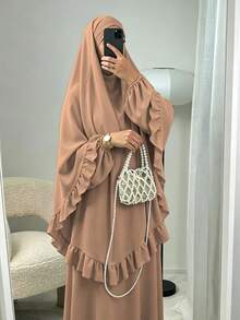 Elegant Ruffle Detail Khimari Long Robe Set, Loose Plus Size Full Length Modest Women's Clothing, Suitable For Middle Eastern Women's Daily Casual Occasions - Multicolor - View 13