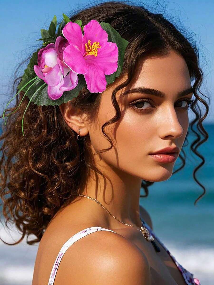 1 Peça Presilha de Cabelo Estilo Férias com Flor de Hibisco, Acessório de Cabelo Lateral com Flor Tropical Grande, Adequado para Fotografia na Praia, Festa, Estilo Boêmio - Multicolorido - Visão 1