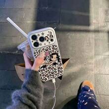 1pc Leopard Print Double Angel Big Eye Girl Phone Case, Compatible With IPhone 17, 16, 15, 14, 13, Silver Pink Heart Pattern Retro Cartoon Gothic Style Cute Anti-Drop Hard Shell Protective Cover - Black - View 5