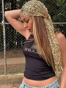 1pc Women's Electronic Music Festival Sequin Embroidered Scarf, Breathable And Shiny, Can Be Used As Headscarf Or Sun Protection Clothing, Suitable For Summer - Champagne - View 4