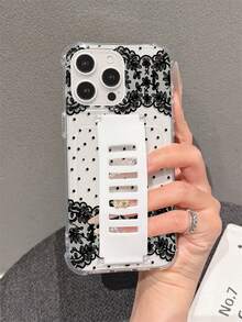 Funda de teléfono de TPU transparente y suave con protección anticaída en las cuatro esquinas, correa de muñeca hueca de silicona incorporada, patrón de lunares de encaje negro impreso con UV, compatible con iPhone 7/8/7PLUS/8PLUS/X/XS/XR/XSMAX/11/11PRO/11PROMAX/12/12PRO/12PROMAX/12MINI/13/13PRO/13PROMAX/13MINI/14/14PRO/14PROMAX/14PLUS/15/15PRO/15PROMAX/15PLUS/16PROMAX/17PROMAX - Multicolor - Ver 4