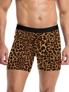 1pc Men's Leopard Print Boxer Briefs, Brown Classic Leopard Pattern, Full Coverage Animal Print, Comfortable Fashionable Daily Wear Underwear - Black - View 2