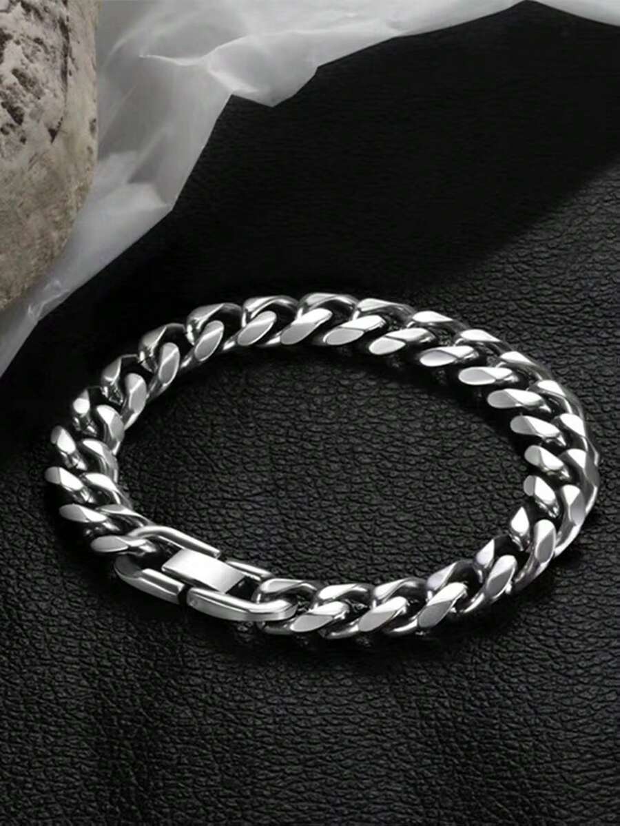 1pc Matte Cuban Link Men's Bracelet, Hip Hop Stainless Steel Material, Ins Style Thick Chain Bracelet, Daily Layering Accessory Jewelry - Silver - View 1