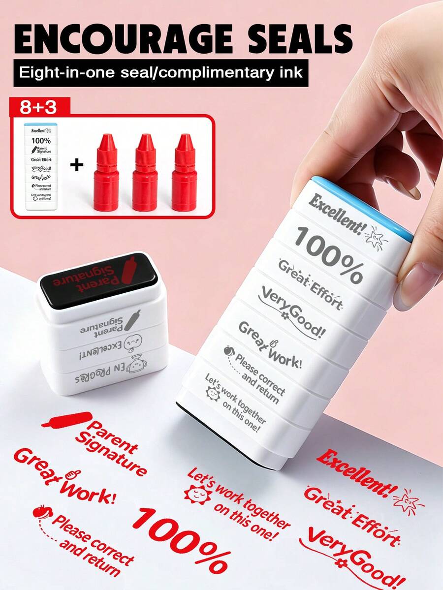 (8+3) Teacher 8-In-1 Grading Stamps, Parent Signature Self-Inking Homework Stamps, Teacher Supplies Set, Essential For Elementary Classroom, Clear Impression, No Smudging, Designed For Teachers, Perfect Gift For Educators - Sets - View 1