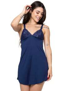Camisola Amamentação com Renda Abre Fácil Gestante Grávida Pijama Conforto Pós Parto Maternidade Microfibra - Azul Marinho - Visão 2