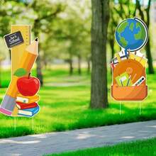 2D Flat, 2D Back To School Yard Sign - Durable Plastic, Colorful School Theme Design With Pencil, Books And Apple, Lawn And Garden Decor Easy To Install | Fun Outdoor School Decoration, 2D Flat - A - View 2