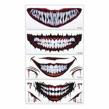 4 Sheets Halloween Horror Joker Mouth Temporary Tattoos, Waterproof Bloody Smile & Fangs Face Stickers For Scary Cosplay - Multicolor - View 3
