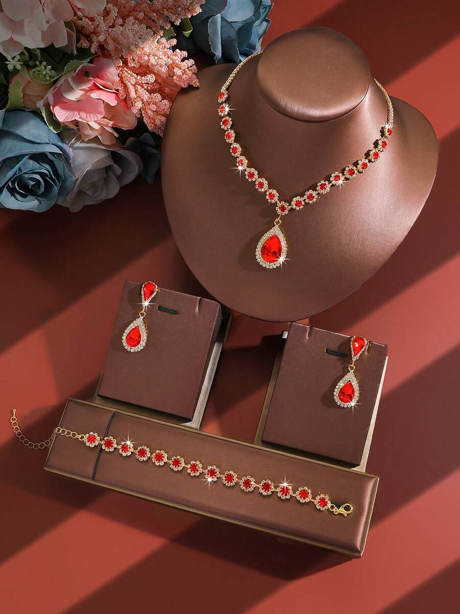 1 Set Women's Fashion Jewelry Set Including Necklace, Earrings And Bracelet - Golden Red - View 1