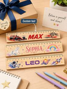 Personalized Ruler With Name, Customized School Ruler, Cute Student Supplies, Back To School Stationery Gift, Suitable For Boys And Girls, Unicorn Rainbow Racing Car Space Rocket Design, Classroom Learning Tool, Birthday Gift, 20cm Ruler - Multicolor - View 2