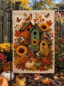 1pc Autumn Harvest Birdhouse Garden Flag, Romantic Country Farmhouse Style Polyester Outdoor Garden Flag, Suitable For Garden Yard, Autumn Decoration, Harvest Festival, Thanksgiving And Outdoor Patio Decor - A - View 6