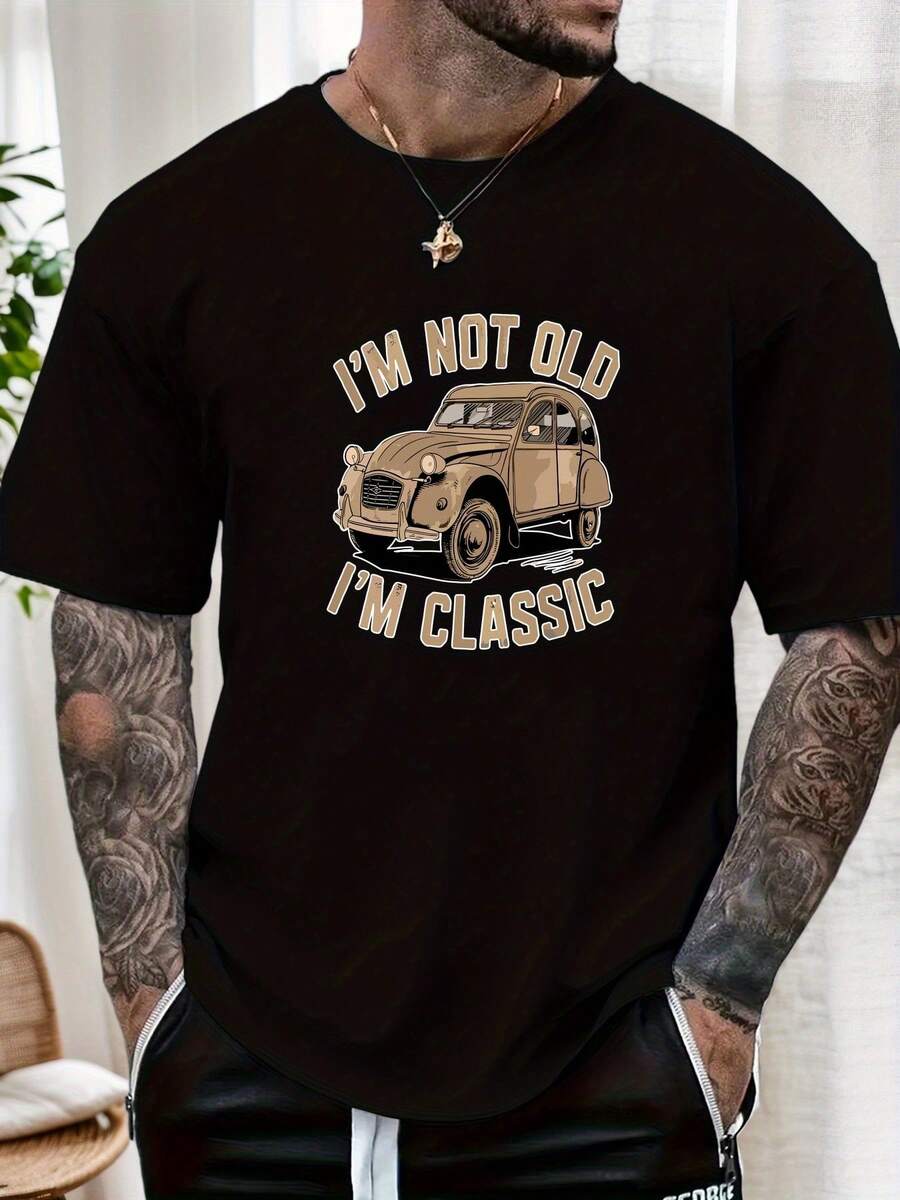 Men'S 'I'M Not Old, I'M Classic' Pattern Summer Casual Short Sleeve T-Shirt - 黑色 - 查看 1