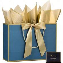 12/8/4pcs Blue Gift Bags With Handles, Gift Wrap Bags, Party Favors Bags, Lightweight Foldable Gift Packaging Bags, Paper Business Bags Bluk, High-End Paper Tote Bag, Suitable For Wedding, Shopping, Retail, Party,Proposal,Anniversary,Valentines - Blue Background With Gold Trim - View 6