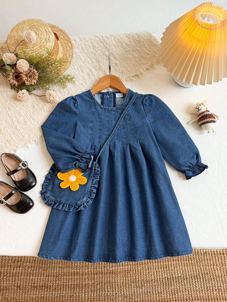 Young Girl Early Autumn Academy Style Girls' Dress With Turn-Down Collar, Double Pockets, Button-Down Design + 3D White Bow + Ruffled Hem, 1pc, Suitable For Daily / Birthday / Outing / School Wear - Light Wash - View 1