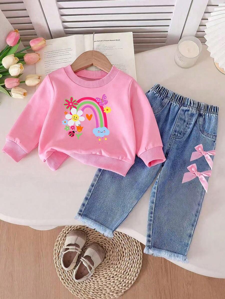 Baby Girl Cartoon Print Crew Neck Long Sleeve Sweatshirt And Denim Jeans - Pink - View 1