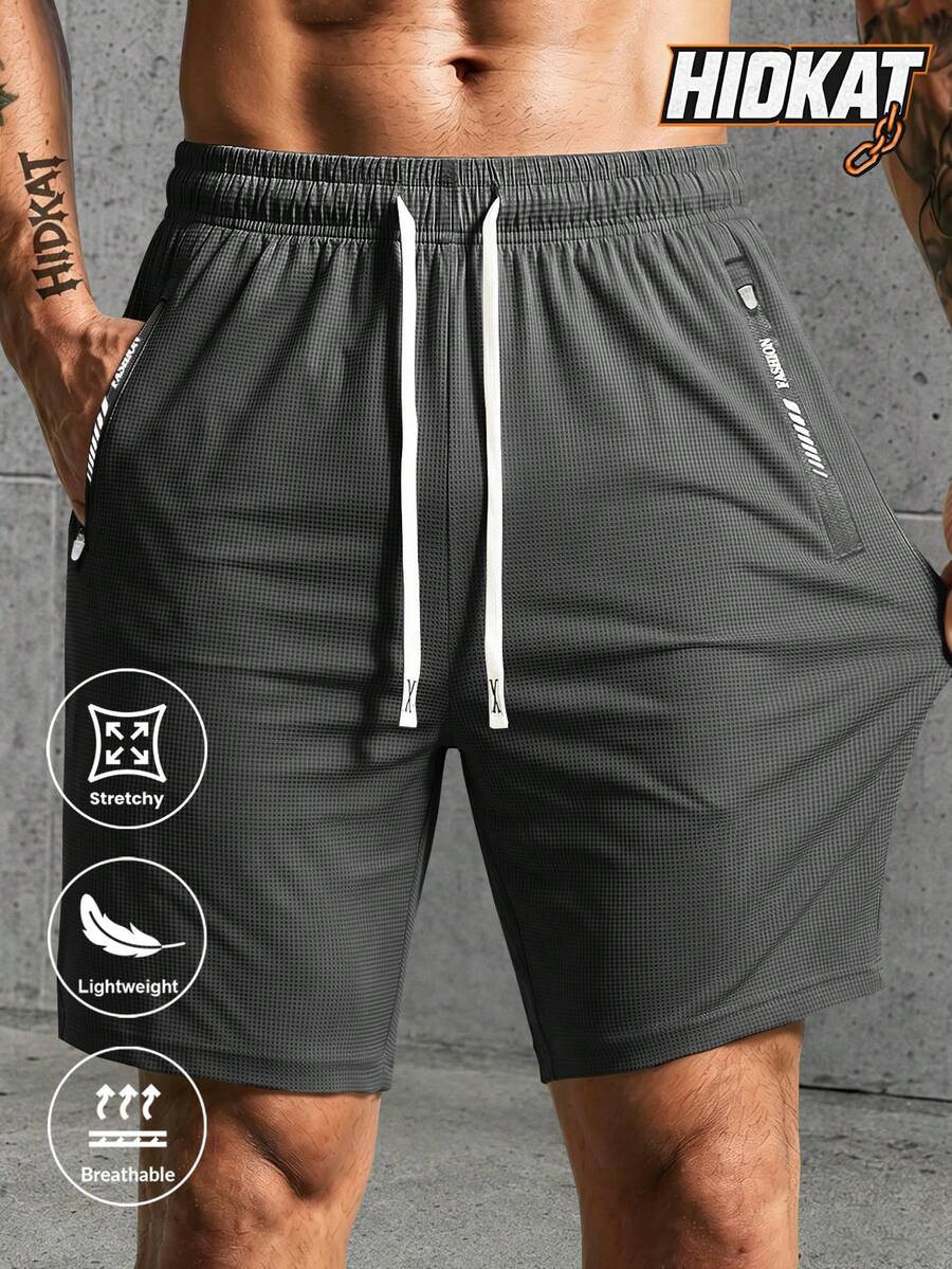 Men's Summer Casual Elastic Solid Color Textured Shorts With Drawstring Waist, Zipper Pockets, Outdoor Sports And Daily Wear - Grey - View 1