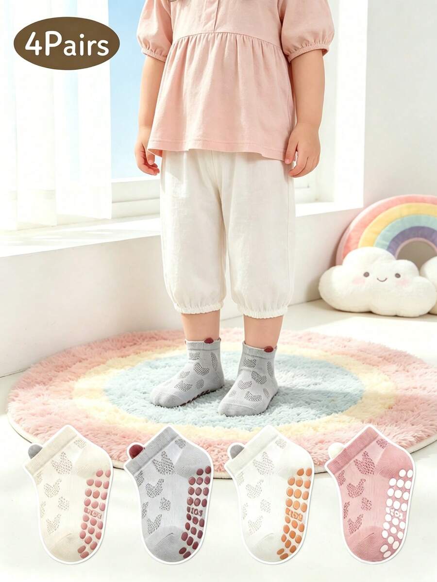 4 đôi tất thuyền lưới mỏng bằng cotton thoáng khí họa tiết tối màu có chấm chống trượt cho trẻ sơ sinh và trẻ chập chững - Nhiều màu - Xem 1