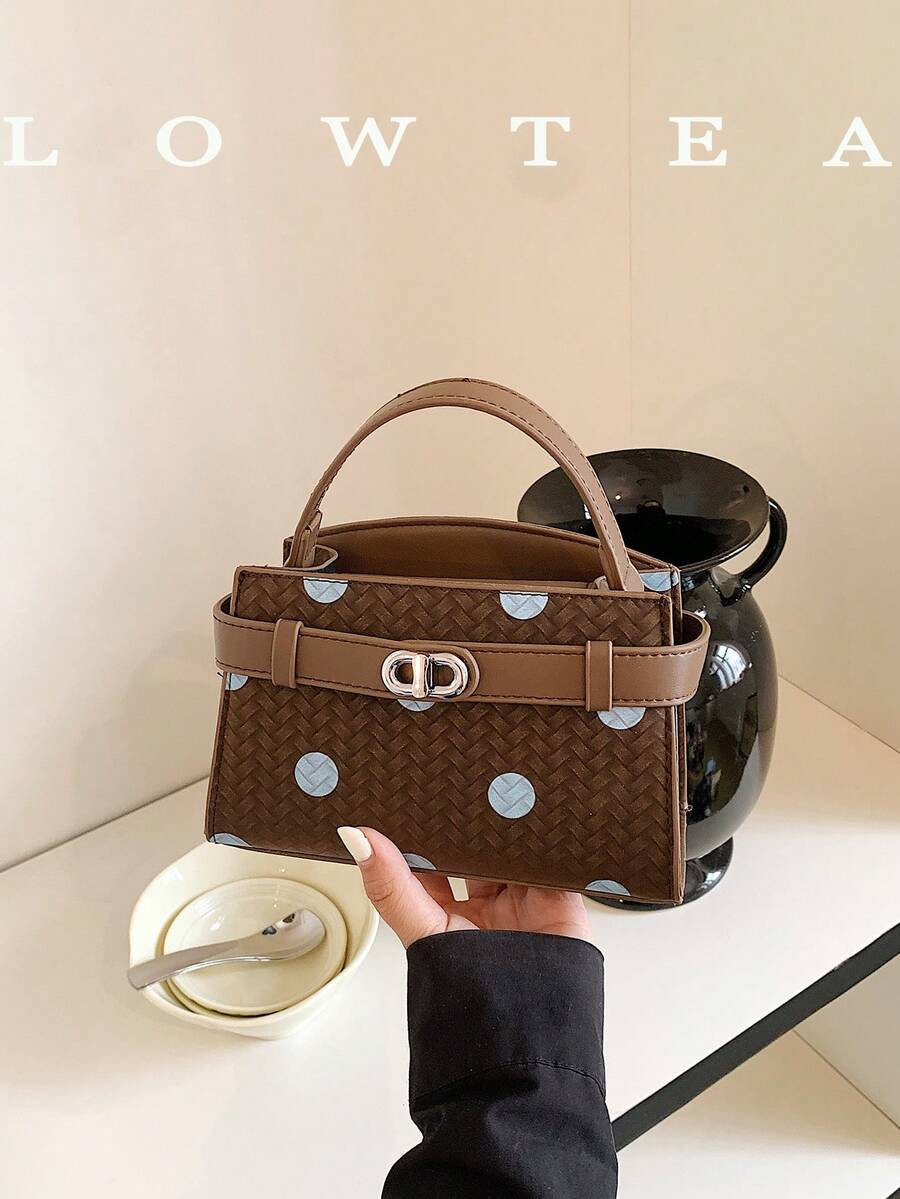 low tea 新款夏季時尚女款手提包，全身波點圖案時尚肩帶裝飾可調節肩帶單肩斜挎包，極簡純色高端五金裝飾通勤單肩包