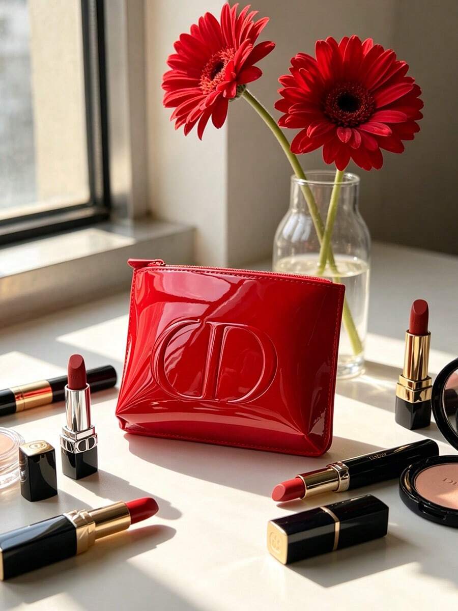 Dior Red Makeup Bag Made Of Premium Fabric, Convenient For Storing Lipstick, Blush And Other Cosmetics, Perfect For Girls. - Red - View 1