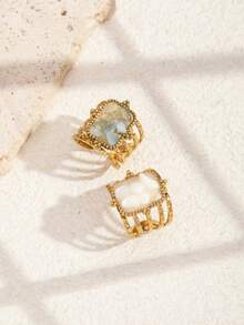 2pcs Stainless Steel Fashion Elegant Gold-Tone Open Ring Set, Inlaid With Blue And White Crushed Stones (Each One Is Different, Please Consider Carefully Before Buying), Suitable For Women's Daily Wear Or Gift Giving - Yellow Gold - View 3