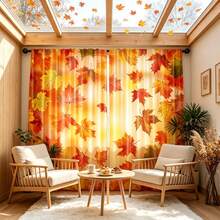 2pcs Warm Orange Gradient Maple Leaf Pattern Printed Semi-Sheer Curtains, 90GSM Polyester Fiber Semi-Sheer Privacy Protection, Easy Installation, Quick Dry, Washable, Fade-Resistant, Lightweight Removable Curtains, Suitable For Home, Room, Kitchen And Other Partitions Or Decoration - Multicolor - View 6