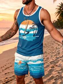 Men's Beach Vacation Tank Top & Shorts 2 Pieces Set, Sailing & Coconut Tree Print, Sleeveless - Multicolor - View 2
