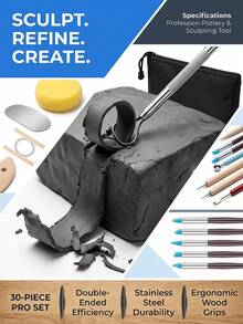 30-Piece Pottery Tools, One Storage Bag, 5 Embroidery Needles, 5 Silicone Pens, 4 Rolling Pins, A Sponge, A Cutting Line, A Steel Sheet, A Triangular Block, 6 Carving Tools, 1 Seven-Thread Needle, 4 Trimming Tools - Pottery Tools - View 4