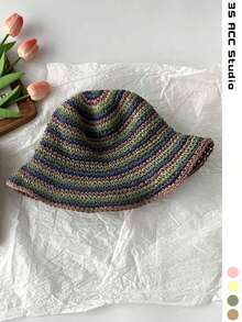 Dopamine Striped Straw Fisherman Hat Women Summer Hollow Out Breathable Bucket Hat Slimming Face Sun Protection Sun Hat Plus Size Rainbow Striped Hollow Straw Hat Women Travel Outdoor Sun Protection Face Covering Sun Hat Women New Wide Brim Slimming Face Large Head Circumference Handmade Woven Large Size Fisherman Hat Vacation Beach Bucket Hat Back To School - Multicolor - View 19