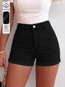 Shorts vaqueros blancos básicos y casuales para mujer, pantalones cortos - Negro - Ver 1