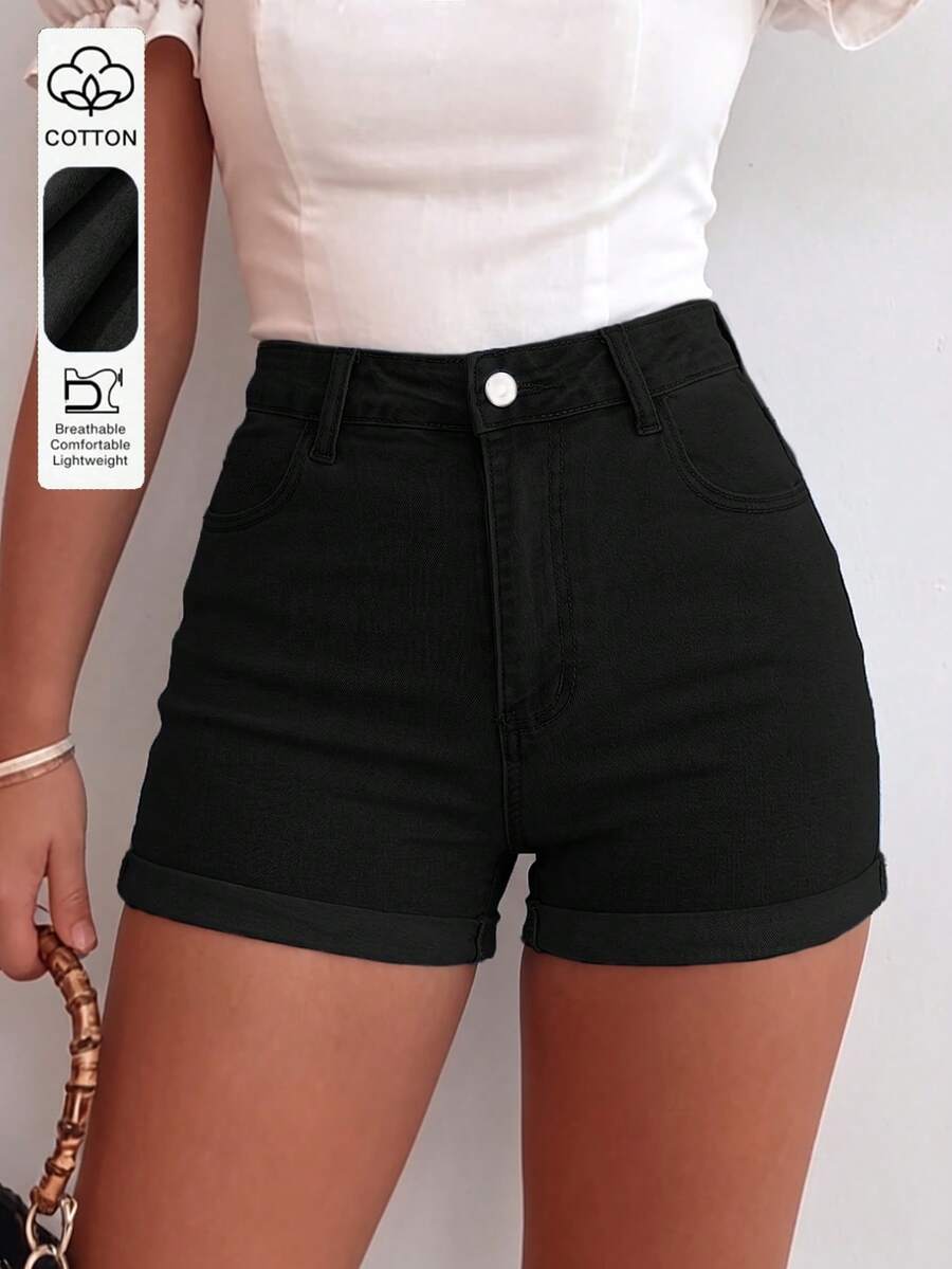 Shorts vaqueros blancos básicos y casuales para mujer, pantalones cortos - Negro - Ver 1