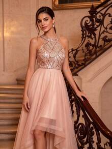 Elegant Sleeveless Sequin&Mesh Asymmetric Hem Glod Elegant Women's Formal Prom Gown,For Party,Wedding Guest,Graduation,Evening Gown,Festivals - 玫瑰金 - 查看 2