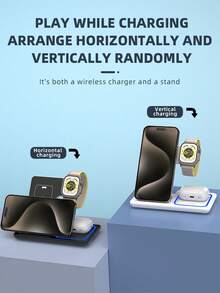 Foldable 3-In-1 Wireless Charging Station, 15W Fast Multi-Device Charger. Dual-Angle Stand Supports Horizontal And Vertical Layouts, Suitable For Video Watching. Foldable Compact Design, Perfect For Desk, Bedroom, Office, Travel. Compatible With All Qi Wireless Phones, Smartwatches And Bluetooth Earphones. Sensitive Coil Provides Stable Power. Lightweight ABS Shell With Ambient Light, Say Goodbye To Cluttered Charging Cables. - Black - View 2