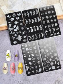 5入法式塗鴉花卉圖案不鏽鋼美甲印花鋼板 DIY美甲工具 - 銀色 - 查看 7