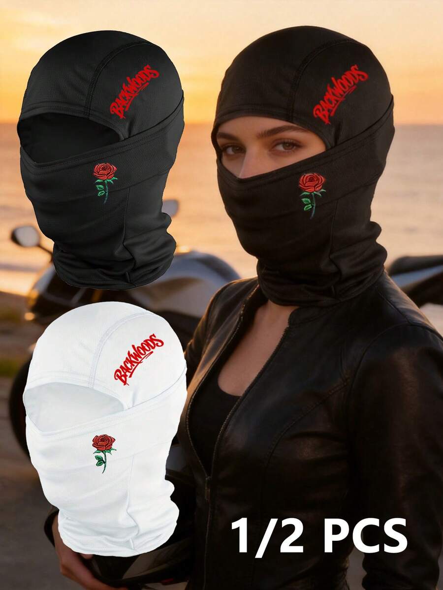 1/2pcs Red Rose & Backwoods Letter Print Balaclava, Breathable Mesh Full Face Ski Mask, Hip Hop Streetwear Headwear, Suitable For Motorcycle Riding, Cycling And Daily Fashion - Multicolor - View 1