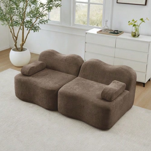 2-Seater Modular Boneless Sofa, Wave Shape, Deep Seat Cushions, Movable Armrest Cushions - 棕色 - 查看 1