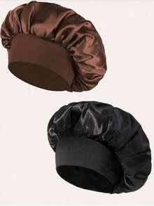 2pcs Luxury Satin Sleep Caps, Solid Color Elastic Sleep Hair Caps, Lightweight Smooth Silk Texture, Suitable For Comfortable All-Night Wear, Hair Protection And Bath Use, Soft And Snug Fit To Protect Scalp, Suitable For Curly, Straight And Fine Curly Hair, Perfect Holiday Gift And Back To School Essential - Thickened Version - View 5