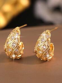 3pairs/2pairs/1pair Luxury Textured Micro Paved Cubic Zirconia Earring Sets, Versatile Gold Plated Copper Jewelry For Bridal Wedding Daily Banquet - Gold - View 9