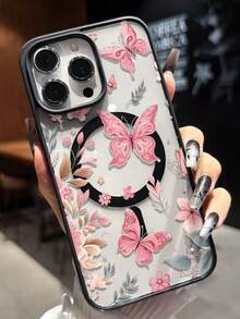 1PC Pink Minimalist Floral Vine Butterfly Pattern Phone Case Compatible With 17Promax/16Pro/15plus/14Pro/13Promax/12/11 Transparent Fashionable Protective Cover For Women - Multicolor - View 2
