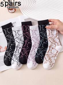 5 Pairs Random Assorted Unisex Black & White Base Multi-Color Line Cat Print Mid-Calf Socks, Skin-Friendly, Durable, Comfortable, Breathable, Korean Cute Style, Suitable For Daily Wear, Home, Commute, Holiday Gift - Multicolor - View 8