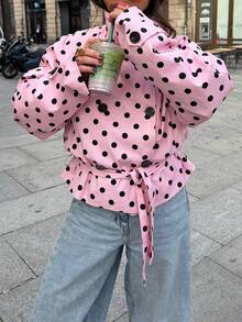 Chaqueta corta de mujer con lunares rosas, cuello alto, doble botonadura, cierre delantero, cintura con lazo, manga larga, elegante prenda exterior de otoño - Rosa - Ver 2