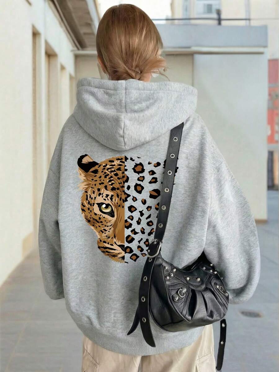 Women's Hooded Sweatshirt, New Autumn/Winter Leopard Print & Leopard Pattern Graphic, Drawstring Design, With Pockets, Casual Versatile Loose Fit Top, Fashion Daily Wear - Dark Gray - View 1