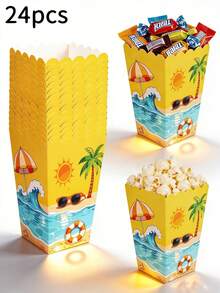 24/12pcs/1pc Beach Theme Popcorn Paper Boxes, Paper Candy Containers, Summer Tropical Palm Tree Sun Wave Pattern, Suitable For Hawaiian BBQ Party, Beach Party - Default - View 12