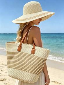 1pc Women's Bohemian Style Wide Brim Straw Hat And 1pc Woven Shoulder Bag Set, Elegant Sun Hat Beach Tote Bag, Suitable For Outdoor Leisure, Travel, Vacation - Hat and Bag Set - View 6