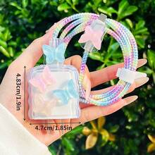 5件組充電器保護套 雷射效果蝴蝶卡通裝飾，適用於 (20W/18W) 充電器組，可愛粉色繽紛線材保護套，完美節日禮物 - 彩色 - 查看 2