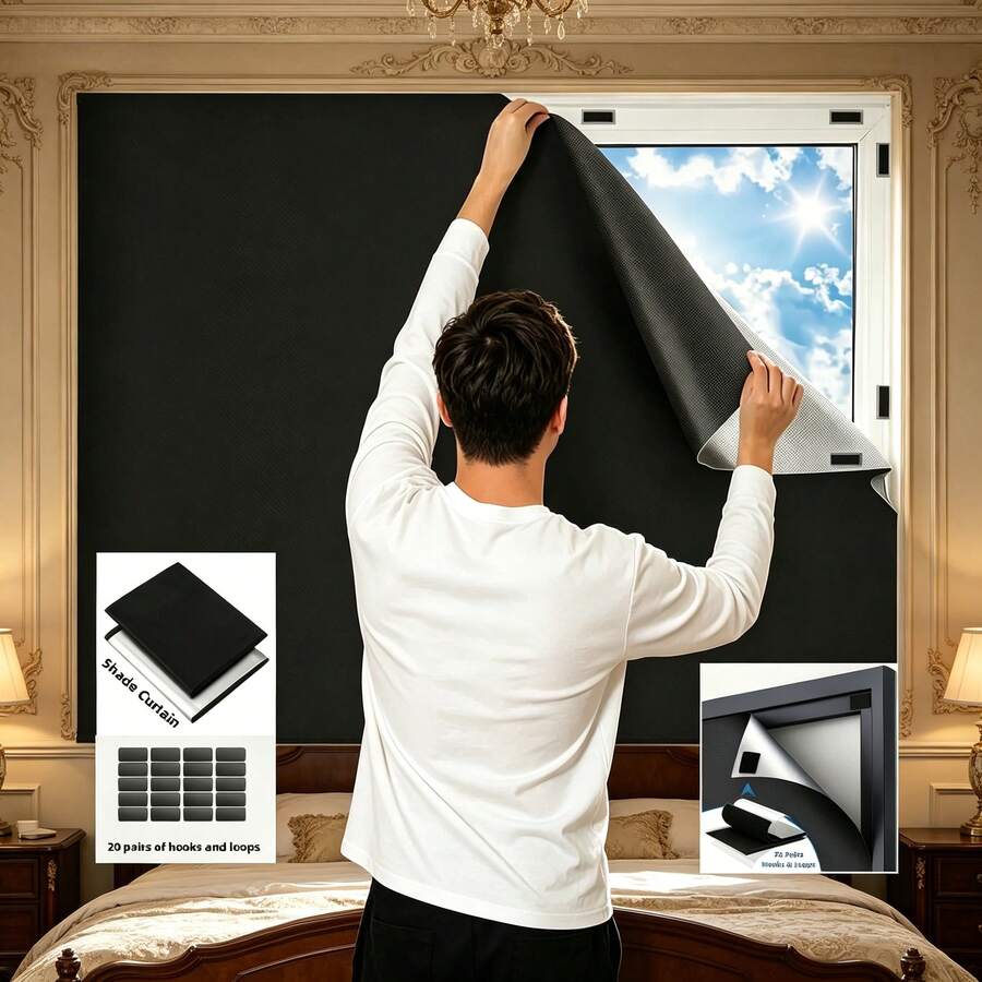 1pc Self-Adhesive Blackout Curtain, Versatile Fixation New Sunshade Cloth, No Drilling Installation Self-Stick Hook And Loop, Easily Cut To Fit Various Window Sizes, Bedroom Balcony Sunscreen Blackout Cloth