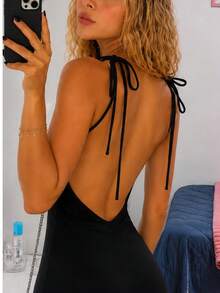 Spaghetti Strap Dress, Open Back, Bodycon, Fitted, Tie Neckline, Open Back - Coffee Brown - View 1
