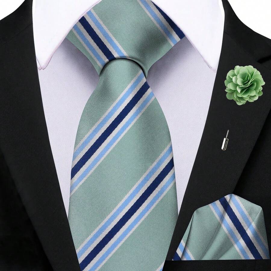 ZONFAZ 3pcs Men's Fashion Versatile Tie Set, 1 Mint Green Diagonal Striped Tie (7.5cm), 1 Pocket Square, 1 Floral Brooch Combination Set, Suitable For Weddings, Celebrations, Parties And Formal Occasions - Mint Green - View 1